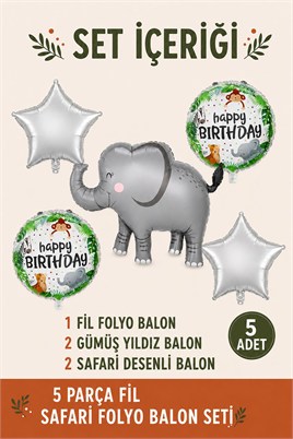 5’li Fil Temalı Happy Birthday Folyo Balon Seti – Safari ve Orman Konseptli Parti Süsü