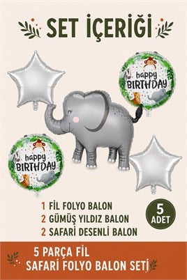 5’li Fil Temalı Happy Birthday Folyo Balon Seti – Safari ve Orman Konseptli Parti Süsü
