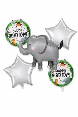 5’li Fil Temalı Happy Birthday Folyo Balon Seti – Safari ve Orman Konseptli Parti Süsü