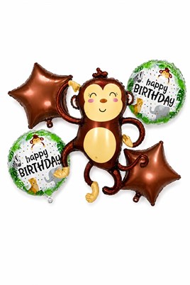 5’li Maymun Temalı Happy Birthday Folyo Balon Seti – Safari ve Orman Konseptli Parti Süsü