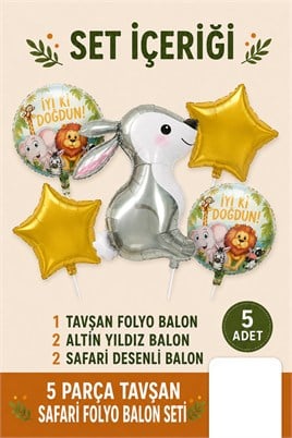 5’li Tavşan Temalı Happy Birthday Folyo Balon Seti – Safari ve Orman Konseptli Parti Süsü