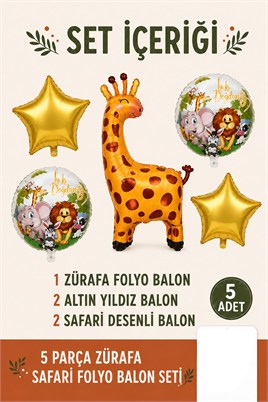 5’li Zürafa Temalı Happy Birthday Folyo Balon Seti – Safari ve Orman Konseptli Parti Süsü