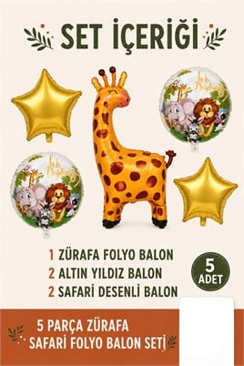 5’li Zürafa Temalı Happy Birthday Folyo Balon Seti – Safari ve Orman Konseptli Parti Süsü
