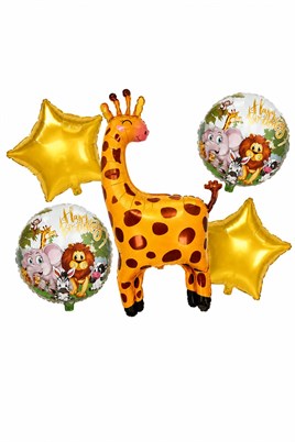 5’li Zürafa Temalı Happy Birthday Folyo Balon Seti – Safari ve Orman Konseptli Parti Süsü