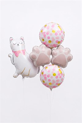 5 Parça Kedi Folyo Balon Seti – Pati ve Puantiyeli Doğum Günü Parti Süsü