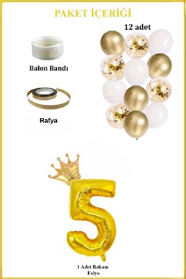 5 Rakam Gold Folyo Balon, Kral Tacı Ve Konfetili Gold Balon