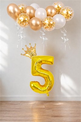 5 Rakam Gold Folyo Balon, Kral Tacı Ve Konfetili Gold Balon
