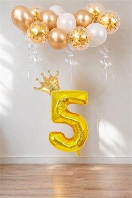 5 Rakam Gold Folyo Balon, Kral Tacı Ve Konfetili Gold Balon