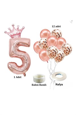 5 Rakam Rose Gold Folyo Balon, Kral Tacı Ve Konfetili Rose Gold Balon
