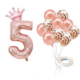 5 Rakam Rose Gold Folyo Balon, Kral Tacı Ve Konfetili Rose Gold Balon