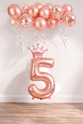 5 Rakam Rose Gold Folyo Balon, Kral Tacı Ve Konfetili Rose Gold Balon