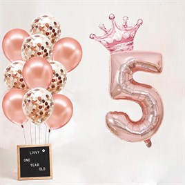 5 Rakam Rose Gold Folyo Balon, Kral Tacı Ve Konfetili Rose Gold Balon