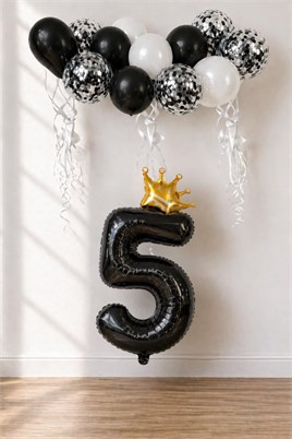 5 Rakam Siyah Folyo Balon, Kral Tacı Ve Konfetili Siyah Balon Set