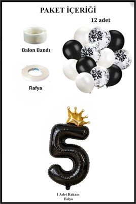 5 Rakam Siyah Folyo Balon, Kral Tacı Ve Konfetili Siyah Balon Set