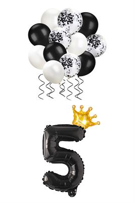 5 Rakam Siyah Folyo Balon, Kral Tacı Ve Konfetili Siyah Balon Set