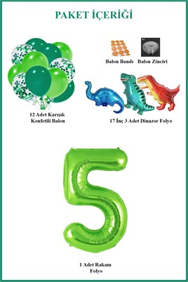 5 Yaş Dinazor Set; Rakam Folyo, 3 Adet Mini Dinazor ve 10 lu Balon