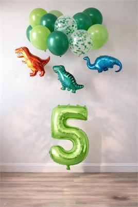 5 Yaş Dinazor Set; Rakam Folyo, 3 Adet Mini Dinazor ve 10 lu Balon
