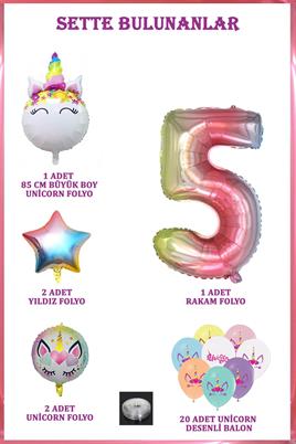 5 Yaş Gökkuşağı Konsepti Unicorn Temalı Doğum Günü Parti Kutlama Seti