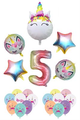 5 Yaş Gökkuşağı Konsepti Unicorn Temalı Doğum Günü Parti Kutlama Seti