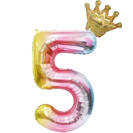 5 Yaş Gökkuşağı Rakam ve Kral Tacı Folyo Balon Doğum Günü Parti Kutlama Seti