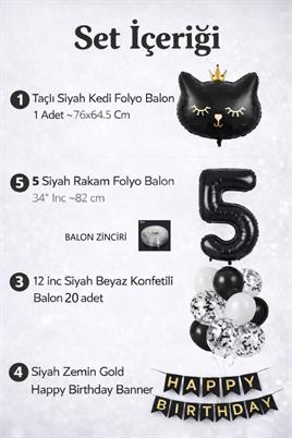 5 Yaş Kedi Temalı Doğum Günü Balon Seti – Siyah Konsept