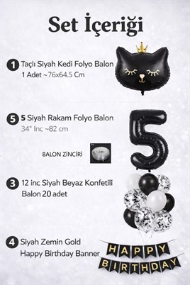 5 Yaş Kedi Temalı Doğum Günü Balon Seti – Siyah Konsept