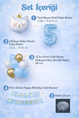 5 Yaş Kedi Temalı Doğum Günü Balon Seti – Mavi Gold Konsept
