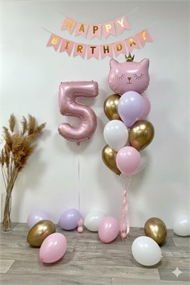 5 Yaş Kedi Temalı Günü Balon Doğum Seti – Pembe Gold Konsept