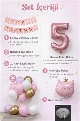5 Yaş Kedi Temalı Günü Balon Doğum Seti – Pembe Gold Konsept