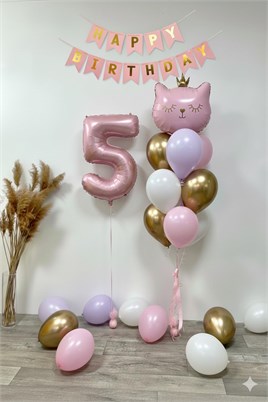 5 Yaş Kedi Temalı Günü Balon Doğum Seti – Pembe Gold Konsept