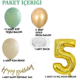 5 Yaş Küf Yeşili Deniz Kumu ve Krom Gold Balonlu Konsept  Doğum Günü Seti