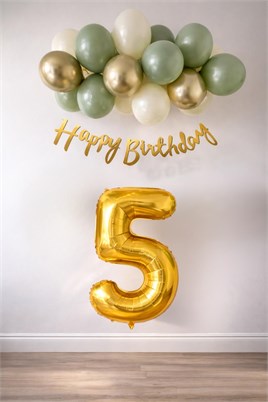 5 Yaş Küf Yeşili Deniz Kumu ve Krom Gold Balonlu Konsept  Doğum Günü Seti