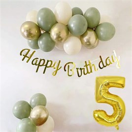 5 Yaş Küf Yeşili Deniz Kumu ve Krom Gold Balonlu Konsept  Doğum Günü Seti