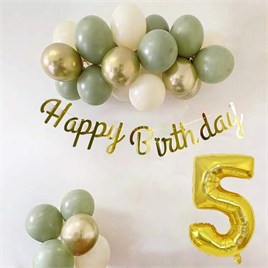 5 Yaş Küf Yeşili Deniz Kumu ve Krom Gold Balonlu Konsept  Doğum Günü Seti