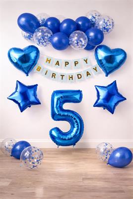 5 Yaş Mavi Konsept Doğum Günü Seti;  Kalp Yıldız Folyo Balon Set