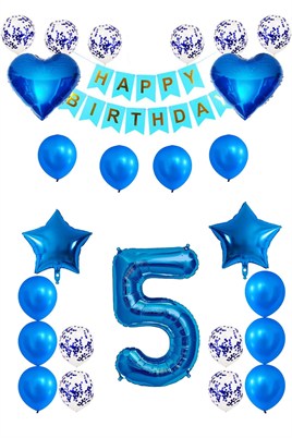 5 Yaş Mavi Konsept Doğum Günü Seti;  Kalp Yıldız Folyo Balon Set