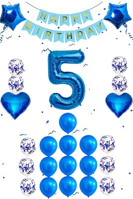 5 Yaş Mavi Konsept Doğum Günü Seti;  Kalp Yıldız Folyo Balon Set