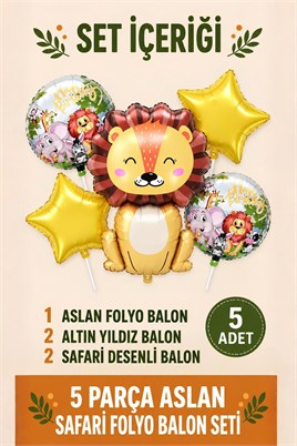 5li Aslan Safari Temalı Folyo Balon Seti – Gold Yıldızlı Doğum Günü Parti Balonları