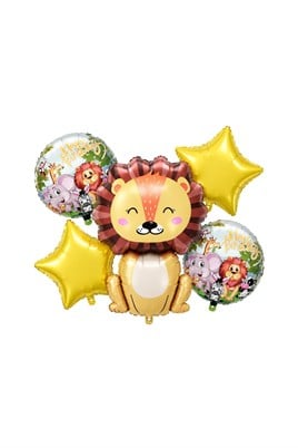 5'li Aslan Safari Temalı Folyo Balon Seti – Gold Yıldızlı Doğum Günü Parti Balonları