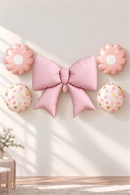 5'li Pembe Fiyonk Papatya Desenli Folyo Balon Seti – Doğum Günü Parti Süsü