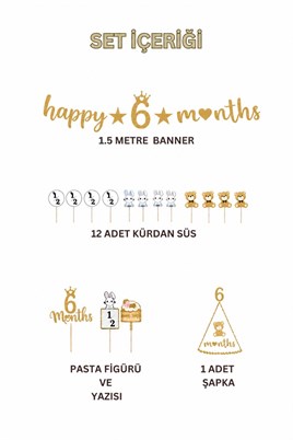 6 Ay Temalı Bebek Parti Seti Gold – Happy 6 Months Banner, Pasta Süsü, Kürdan Süs ve Parti Şapkası Seti