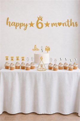 6 Ay Temalı Bebek Parti Seti Gold – Happy 6 Months Banner, Pasta Süsü, Kürdan Süs ve Parti Şapkası Seti