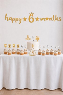 6 Ay Temalı Bebek Parti Seti Gold – Happy 6 Months Banner, Pasta Süsü, Kürdan Süs ve Parti Şapkası Seti