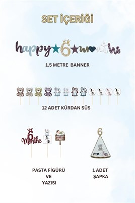6 Ay Temalı Erkek Bebek Parti Seti – 6 Months Banner, Pasta Süsü, Kürdan Süs ve Parti Şapkası Seti