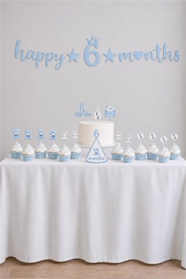 6 Ay Temalı Erkek Bebek Parti Seti – Happy 6 Months Banner, Pasta Süsü, Kürdan Süs ve Parti Şapkası Seti Mavi
