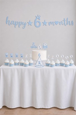 6 Ay Temalı Erkek Bebek Parti Seti – Happy 6 Months Banner, Pasta Süsü, Kürdan Süs ve Parti Şapkası Seti Mavi
