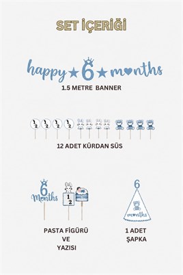 6 Ay Temalı Erkek Bebek Parti Seti – Happy 6 Months Banner, Pasta Süsü, Kürdan Süs ve Parti Şapkası Seti Mavi