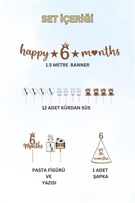6 Ay Temalı Kahverengi Parti Seti – Happy 6 Months Banner, Pasta Süsü, Kürdan Süs ve Parti Şapkası Seti