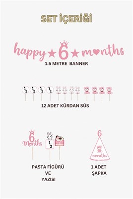 6 Ay Temalı Kız Bebek Parti Seti – Happy 6 Months Banner, Pasta Süsü, Kürdan Süs ve Parti Şapkası Seti Pembe