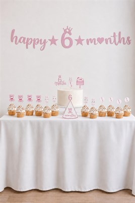 6 Ay Temalı Kız Bebek Parti Seti – Happy 6 Months Banner, Pasta Süsü, Kürdan Süs ve Parti Şapkası Seti Pembe